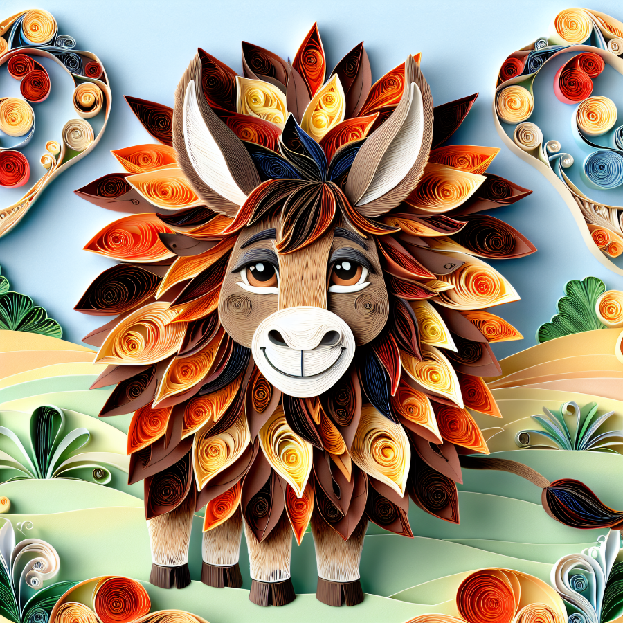 A donkey wears the skin of a lion to deceive other animals mocking him. Image in the style of paper quilling.