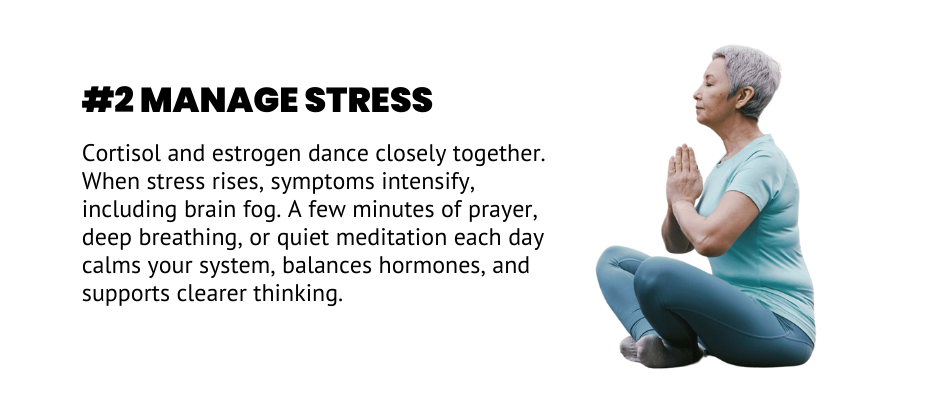 Midlife woman practicing seated meditation with hands in prayer position, illustrating stress management for hormonal and brain health