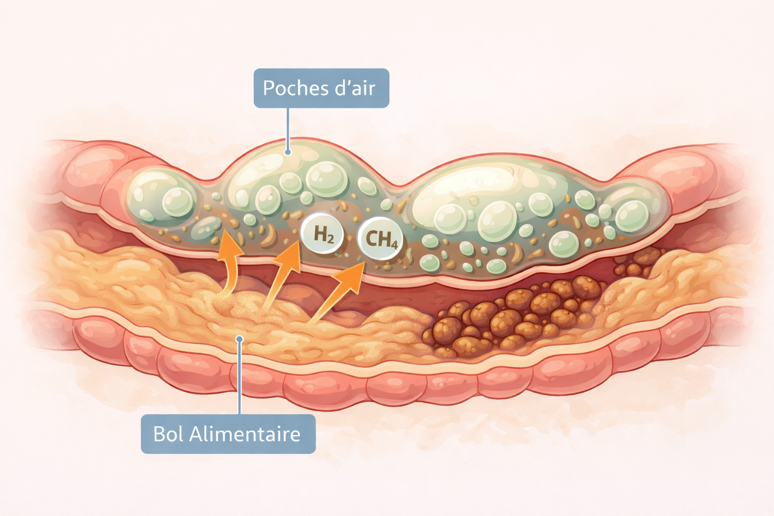 fermentation du bol alimentaire par le microbiote intestinal produisant des gaz H2 et CH4 formant des poches d'air dans l'intestin