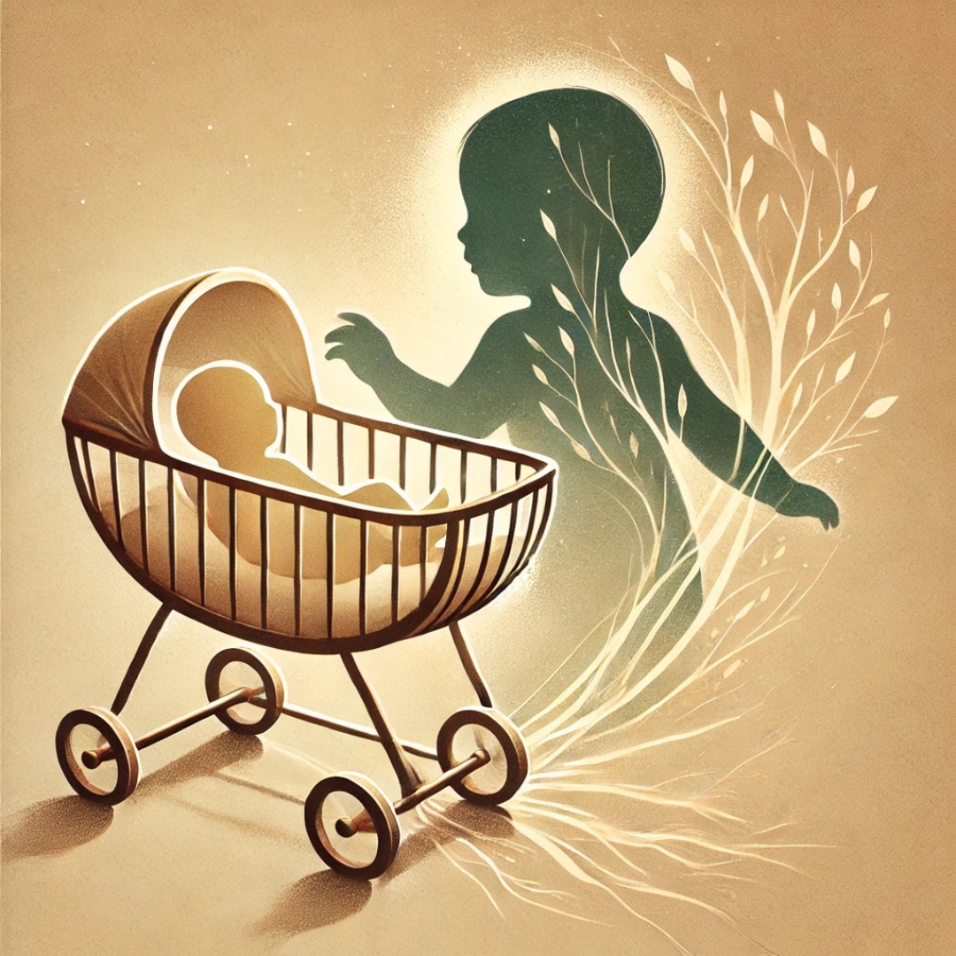Illustration symbolique d’un berceau avec deux ombres, l’une nette et l’autre floue, représentant le rôle invisible de l’enfant de remplacement dans la lignée familiale