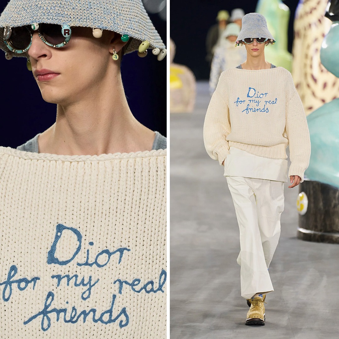 Dior Men Spring 2025 knit jumper with the phrase “Dior for my real friends” embroidered in blue yarn.