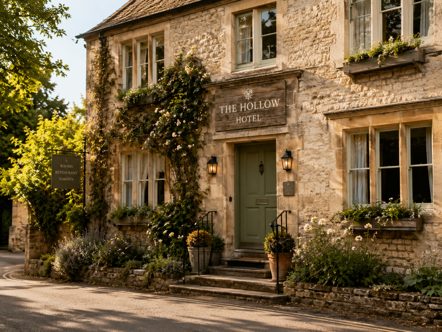 A warm, natural-light photograph of a small independent hotel or B&B exterior. Stone building, window boxes or climbing plants, a wooden sign above the door. Late afternoon light. No people. Boutique, characterful, slightly rural. No corporate feel. No technology visible. Shot from street level, slightly wide. Colour palette: warm neutrals, sage green, soft stone.