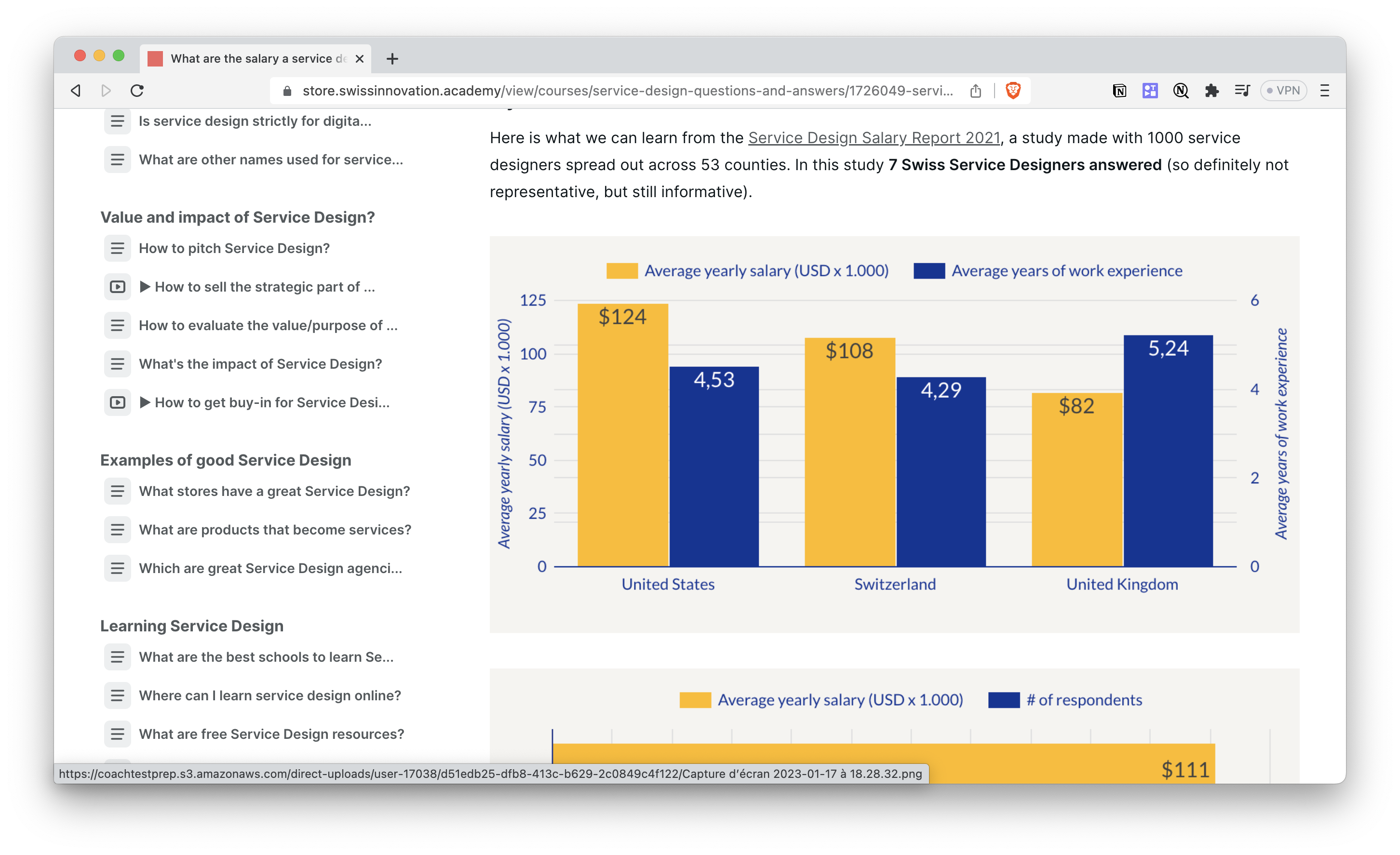 A screenshot of the Service Design Salary Report of 2021 with data about Switzerland