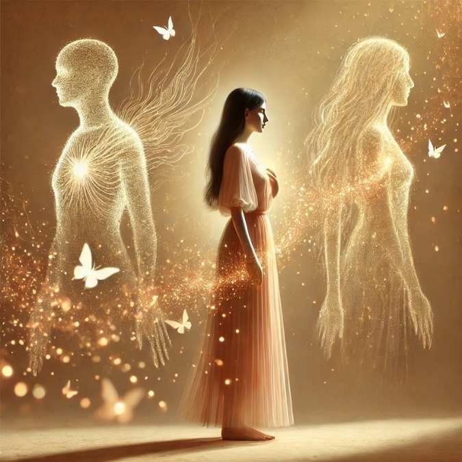 femme entourée de silhouettes ancestrales qui se dissolvent, symbolisant la libération des mémoires familiales