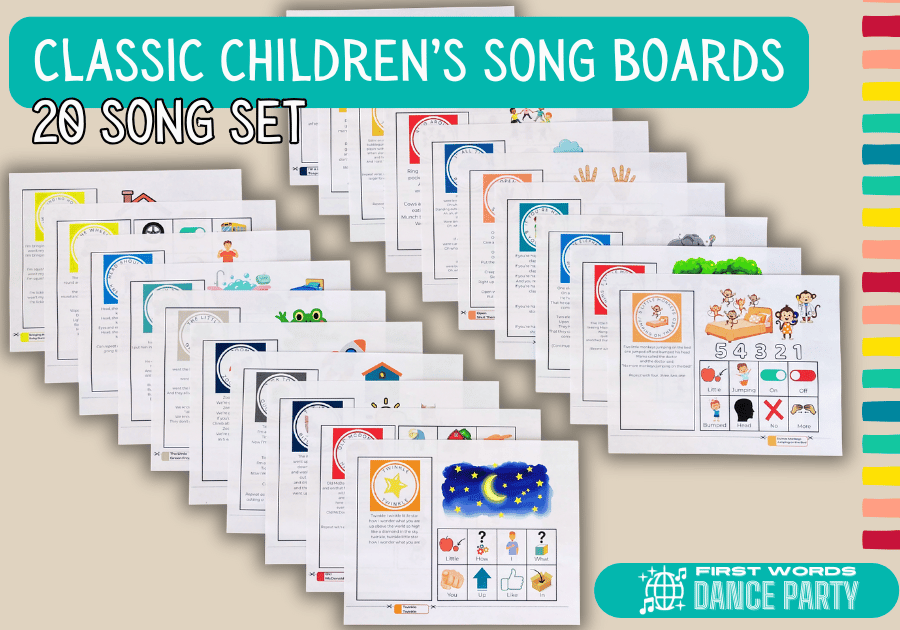 A set of 20 song boards for speech therapy featuring 20 classic children's songs.