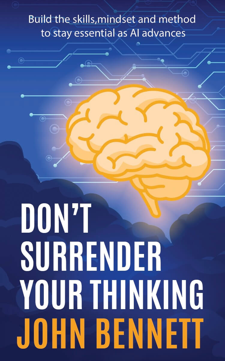 Second version of the book cover for 'Don't Surrender Your Thinking'. Illustration shows a simplified orange brain with smooth outlines and a soft glow, lighting nearby blue clouds against a digital network sky, symbolising human thinking illuminating AI.