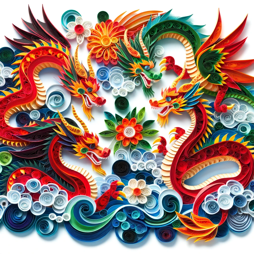 Four red dragons surrounded by clouds. Image in the style of paper quilling.
