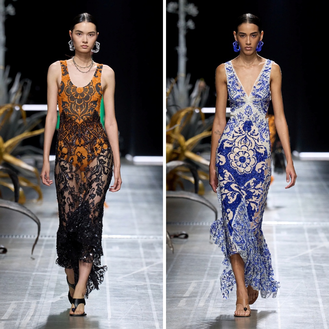 Etro Spring-Summer 2025 collection showcasing two embroidered dresses: an orange and black lace gown with floral details, and a blue and white gown with intricate paisley embroidery