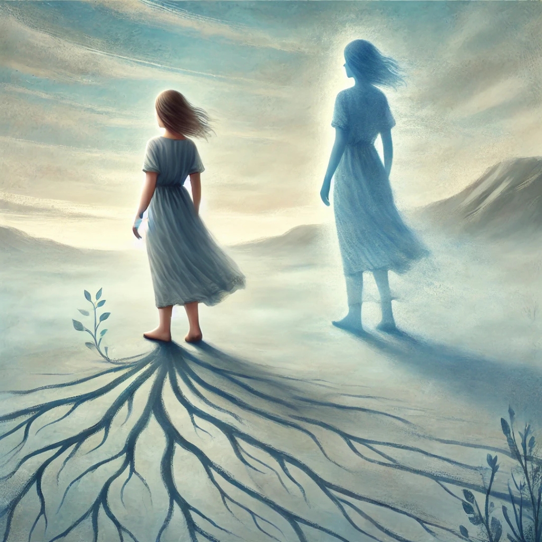 Femme dans un paysage onirique accompagnée d’une silhouette fantomatique, symbolisant le syndrome du gisant et la confusion identitaire