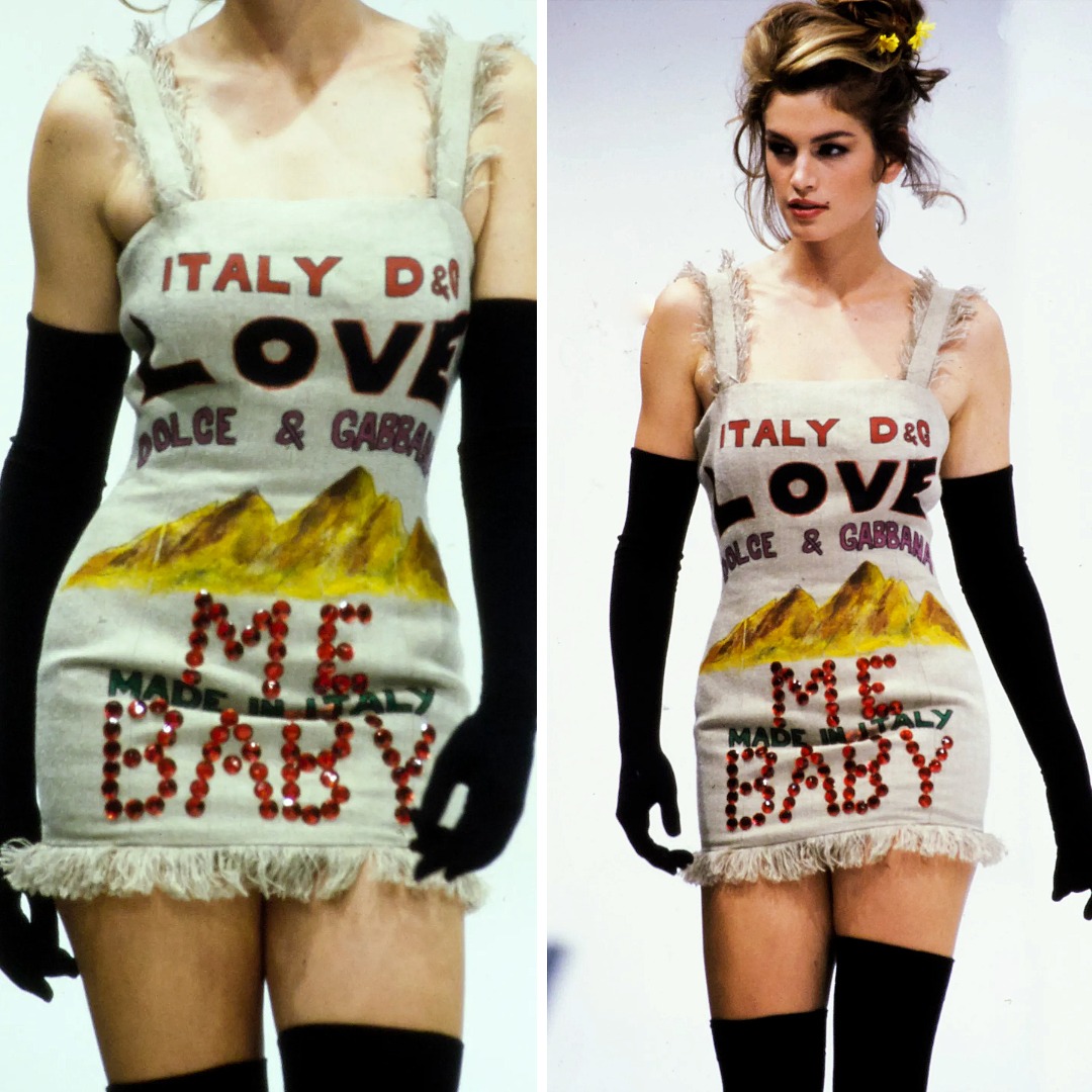 Dolce & Gabbana Spring 1992 dress with printed “LOVE” text and glued crystal “ME BABY” lettering, shown on the runway.