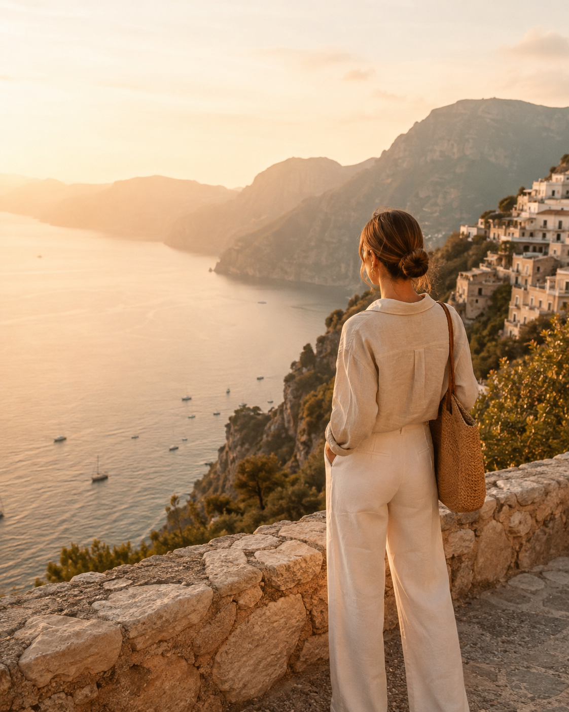 A woman standing alone at a scenic overlook at golden hour, looking out over a coastline