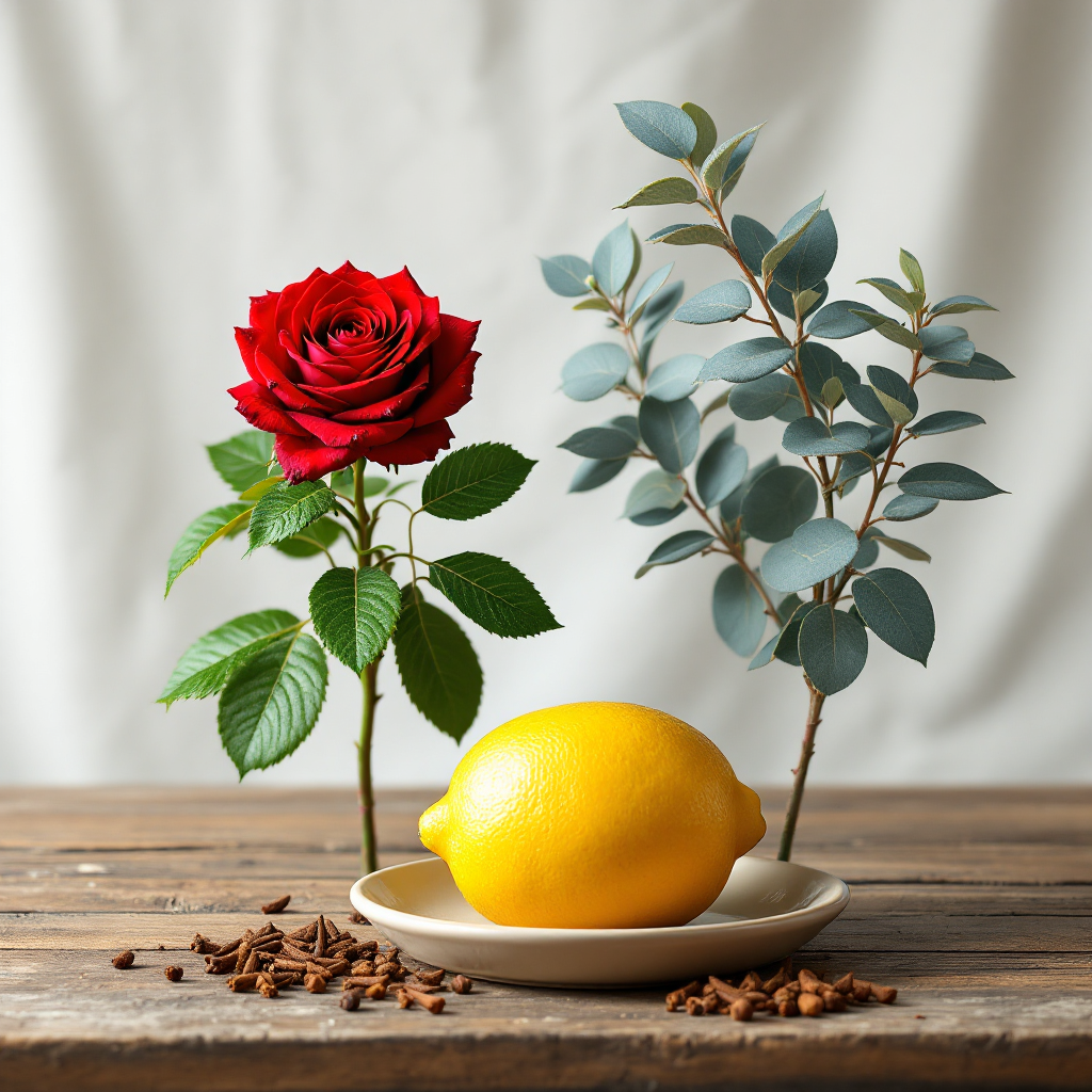 image of a rose, eucalyptus leaves, cloves, a lemon