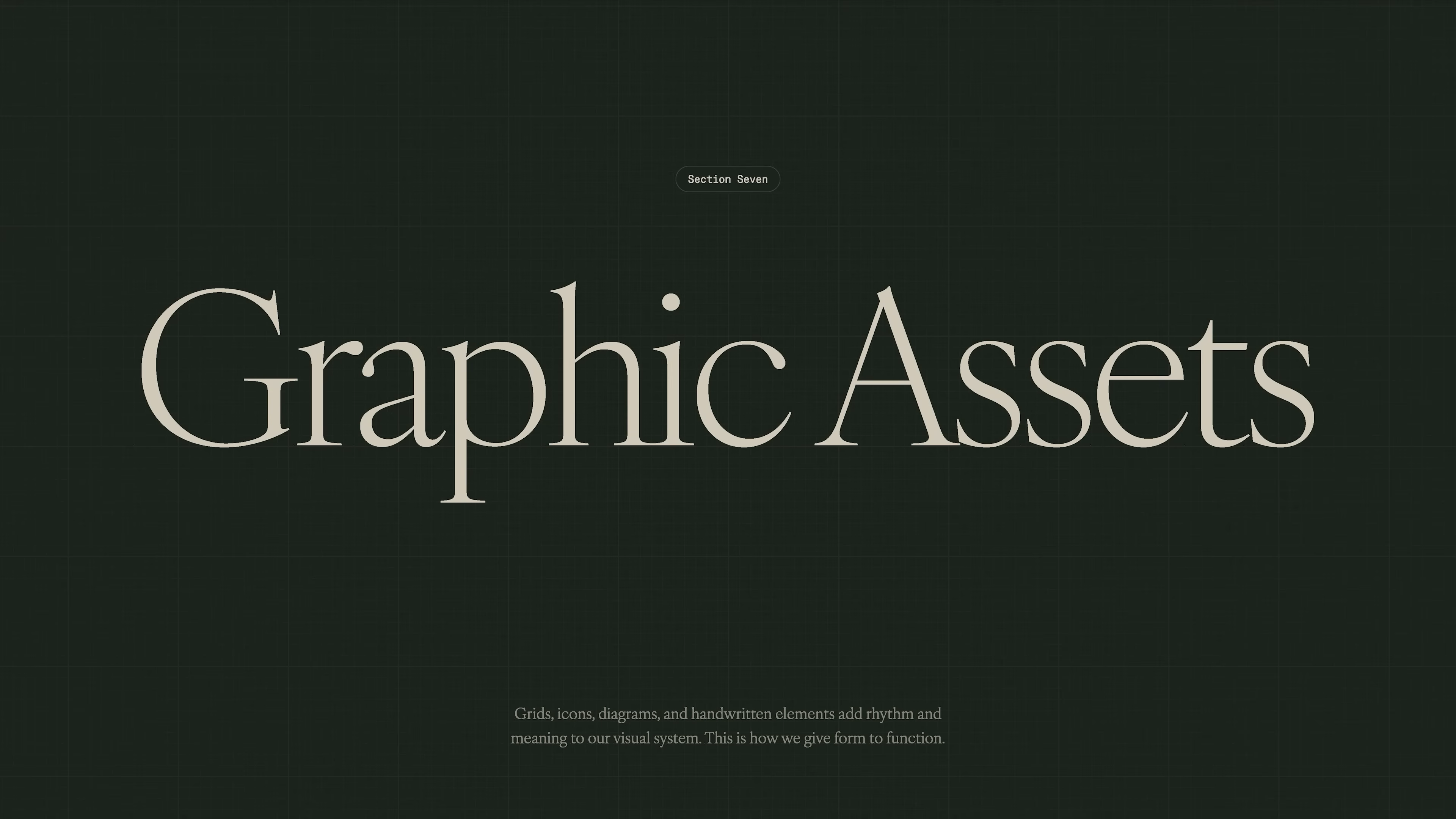 Section divider from the Mode brand guidelines, introducing the graphic assets portion of the video. Features bold serif typography and a dark grid background, setting up the discussion of icons, grids, and visual rhythms that tie together Mode’s branding across all channels.