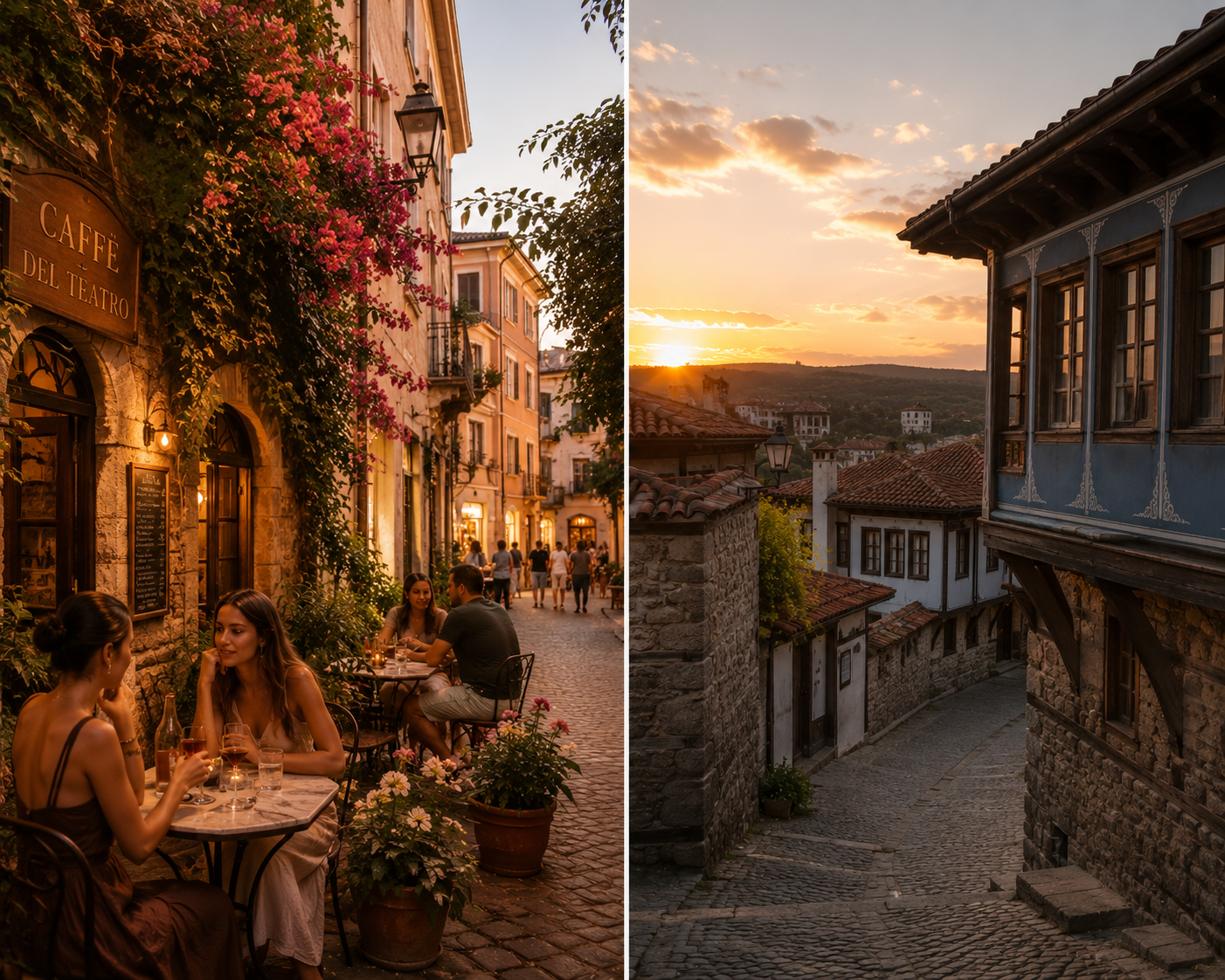 Comparison of golden hour light over the cobble streets of Plovdiv Bulgaria's Old Town with traditional colorful mansions and blooming flower boxes and women sitting at a cafe table on a charming Italian street
