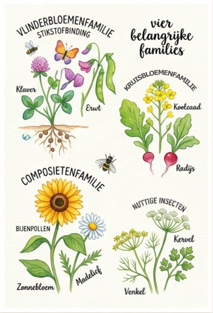 De vier belangrijkste families voor jouw moestuin: vlinderbloemenfamilie, kruisbloemfamilie, composietenfamilie en schermbloemfamilie.
