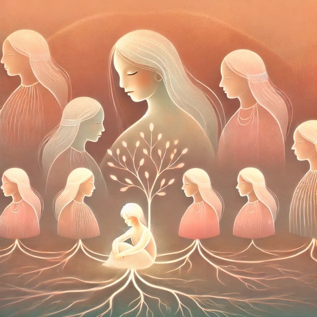 femme connectée à ses ancêtres féminines par des racines, illustration symbolique du transgénérationnel et de la guérison des lignées