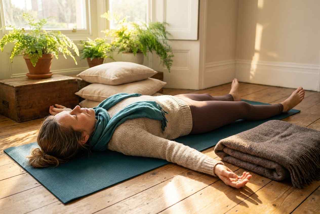Liggende ontspanning na een Do-In Yoga sessie voor de hart meridiaan