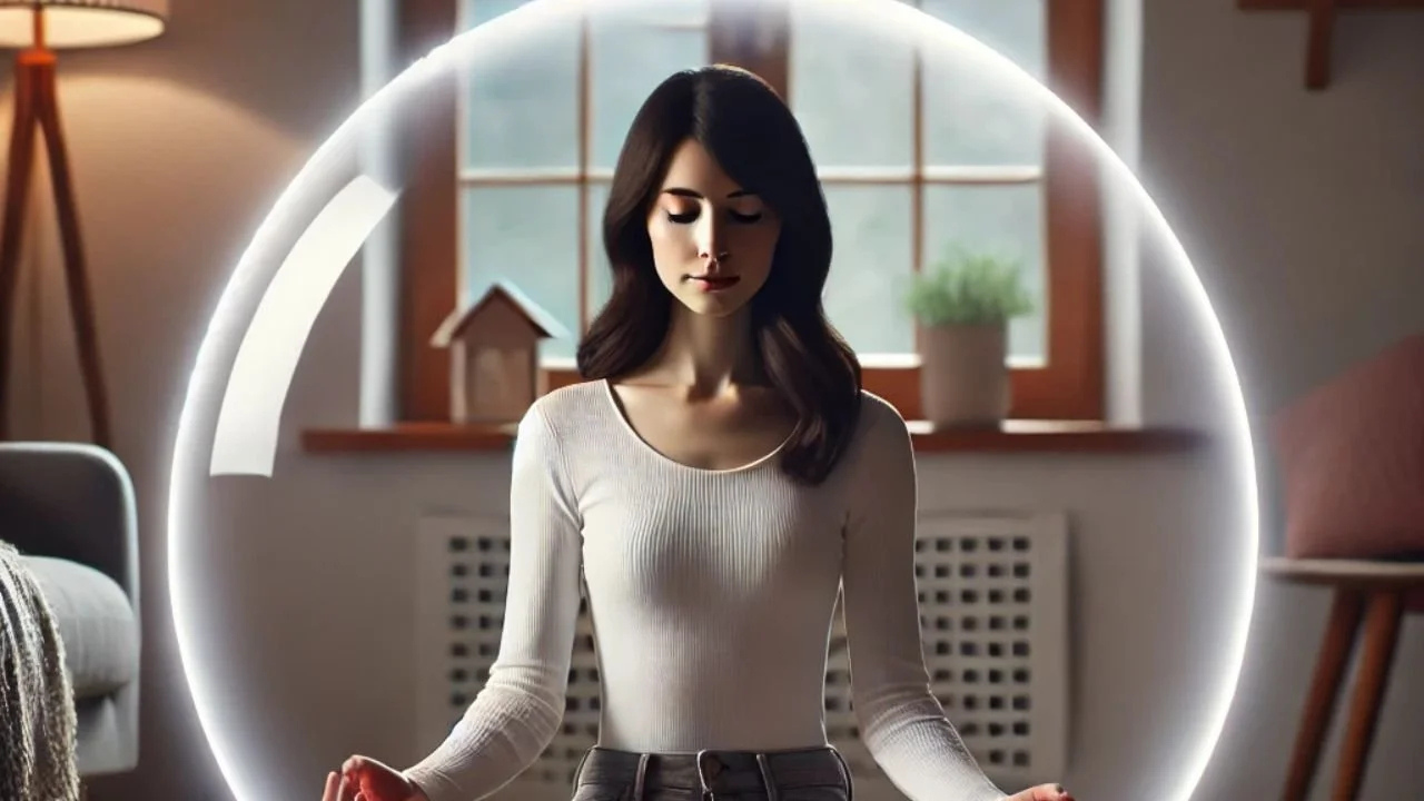 A woman meditating inside a bubble of protective light
