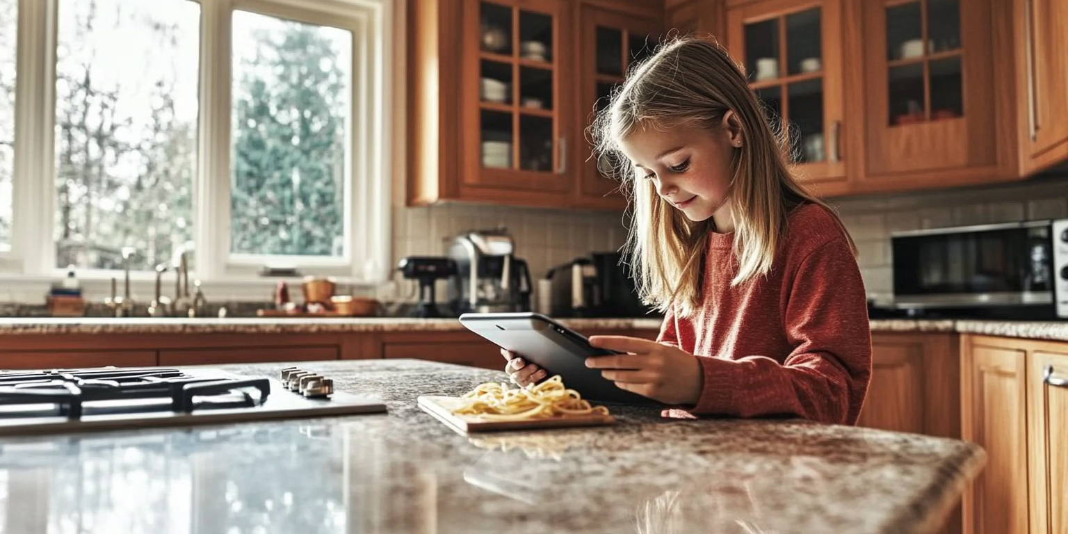 a young girls sits at the kicthen counter watching her ipad whilst also preparing some pasta for herself.