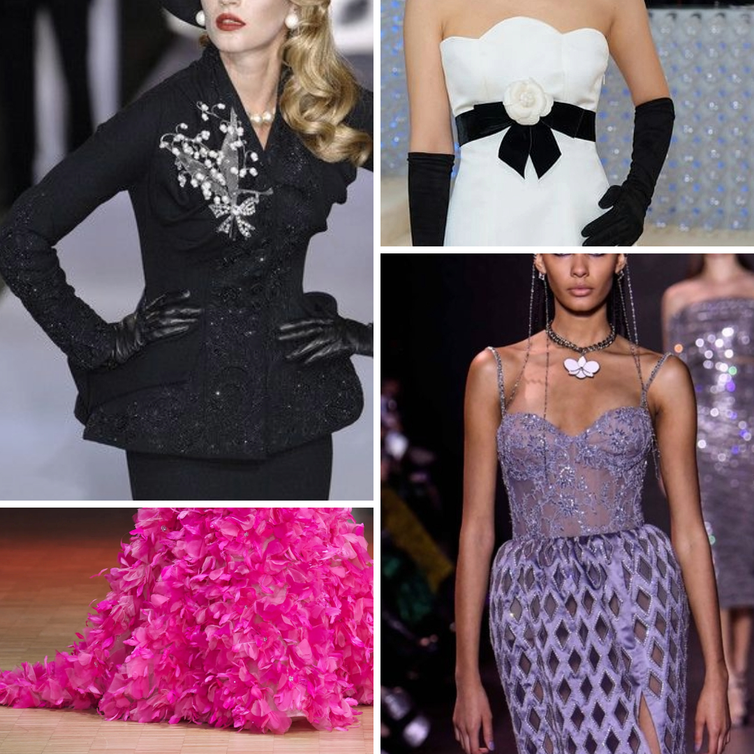 Floral motifs in couture fashion: Dior’s lily of the valley embroidery, Chanel’s camellia detail, Georges Hobeika’s orchid necklace, and Elie Saab’s pink petal-covered gown.