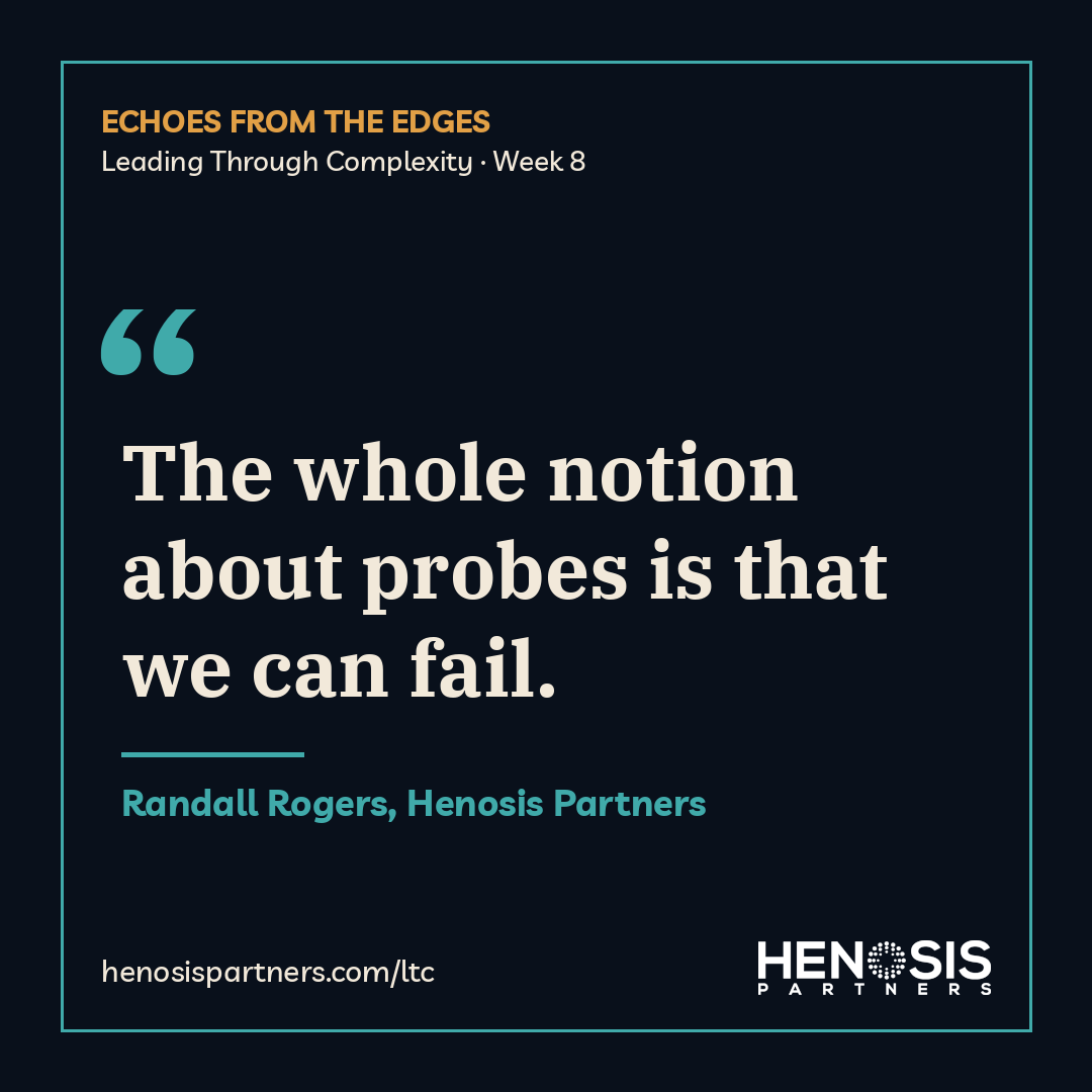 Quote card from Randall Rogers, Henosis Partners, Leading Through Complexity Week 8: "The whole notion about probes is that we can fail."