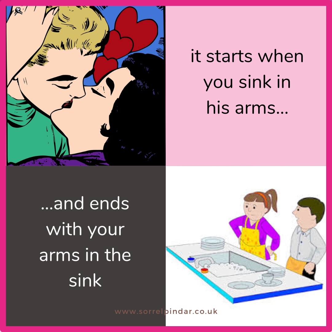 couple kissing with the words 'it starts when you sink in his arms' and couple arguing about washing up with words 'and it ends with your arms in the sink'