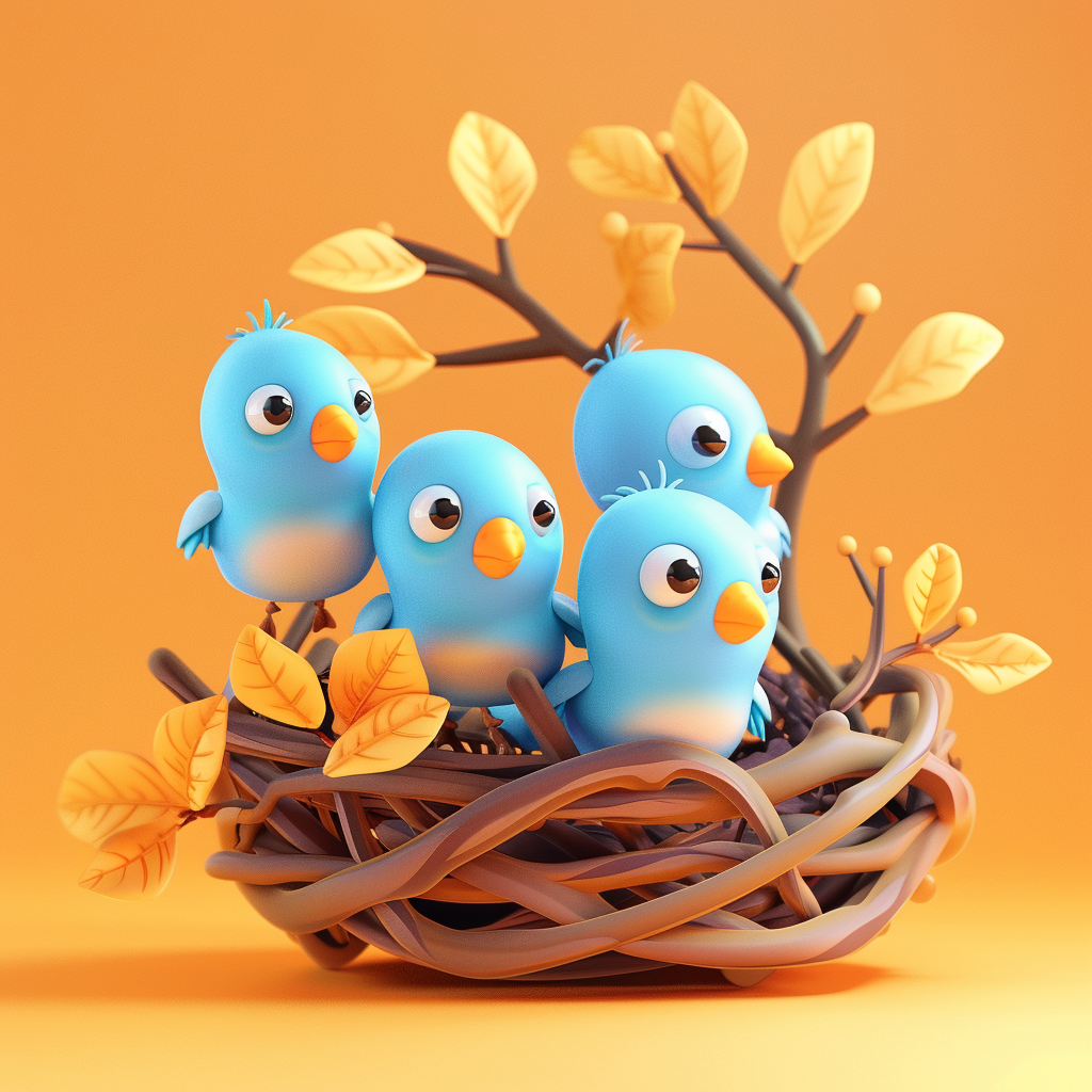 Illustration of a nest with blue birds on orange background, 3D style
