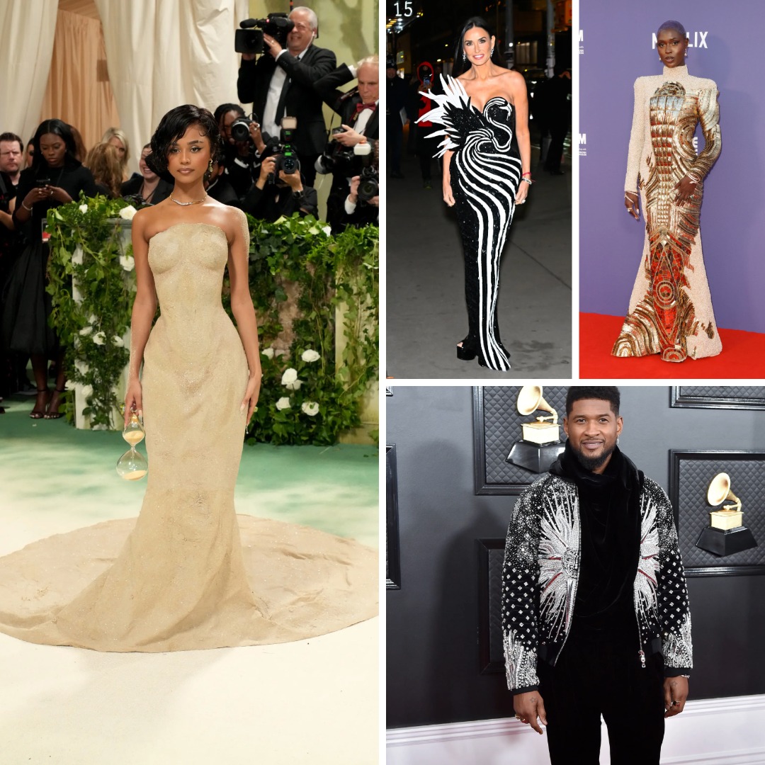 Collage of celebrities wearing Balmain designs by Olivier Rousteing on red carpets and major events, including sculpted gowns, metallic embroidery, and crystal-embellished tailoring.