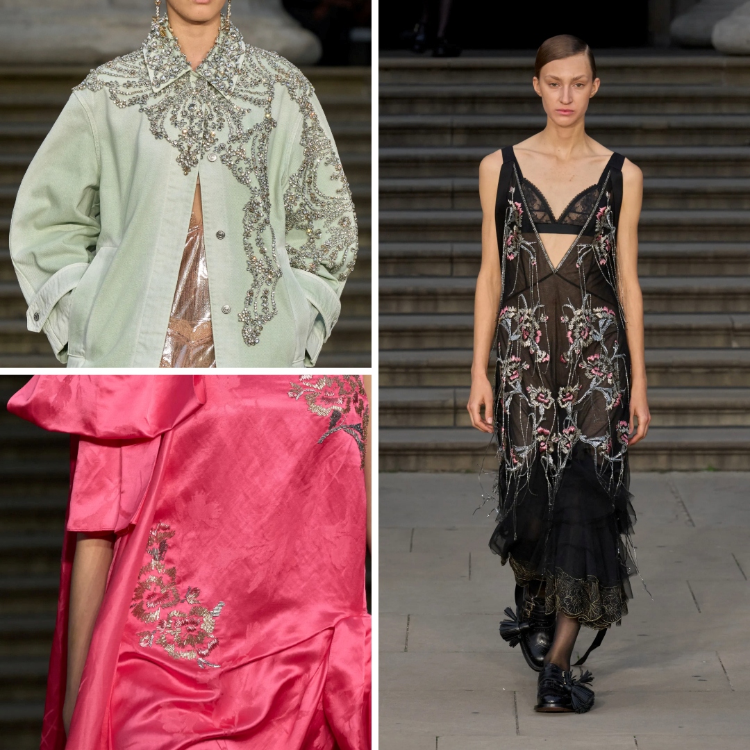Erdem Spring-Summer 2025 collection featuring intricate embroidery on a green jacket, a pink silk dress, and a black sheer dress with floral details