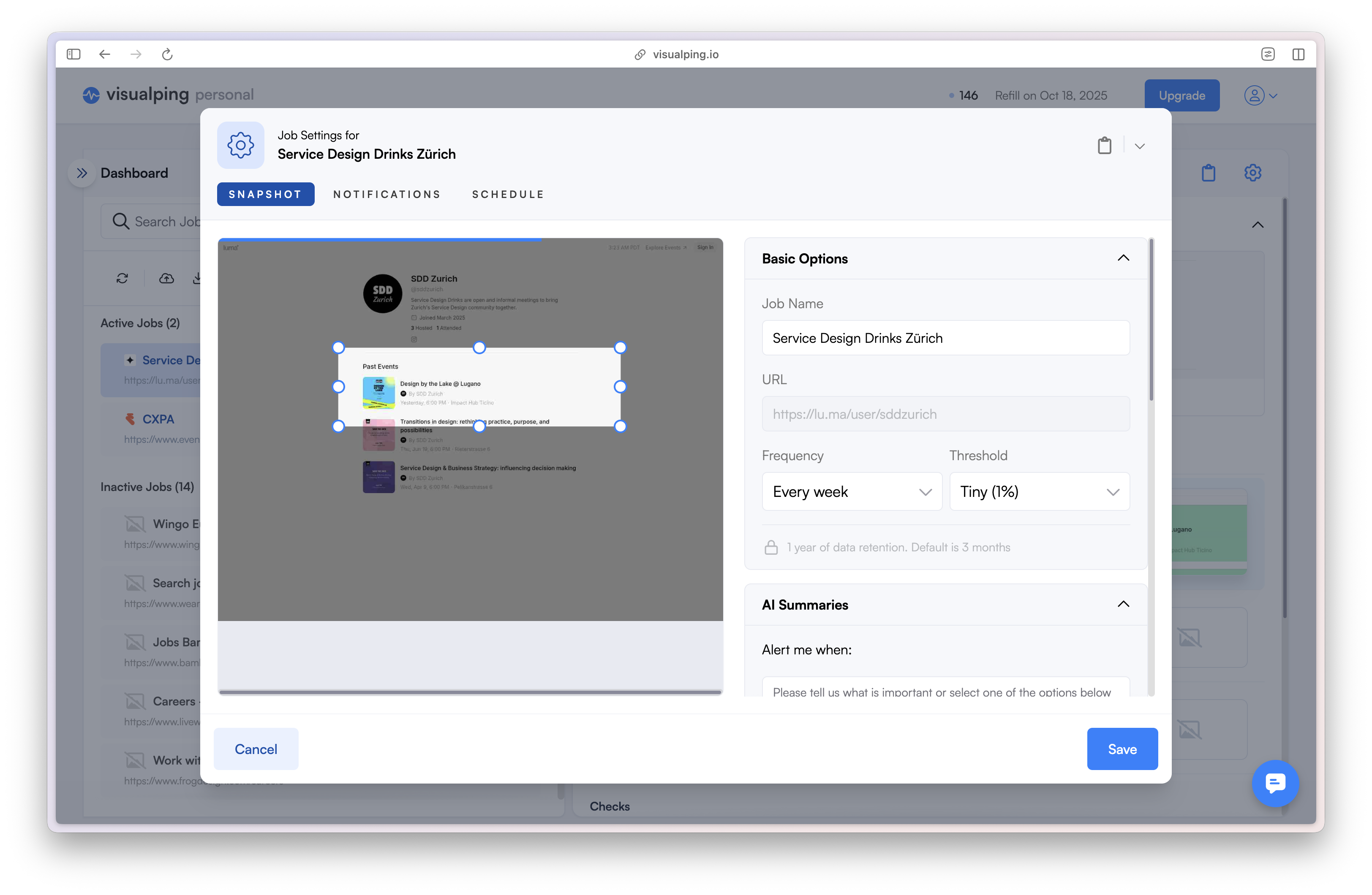 A screenshot of visualping.io where we see how the notifications for the Service Design Drinks are setup.