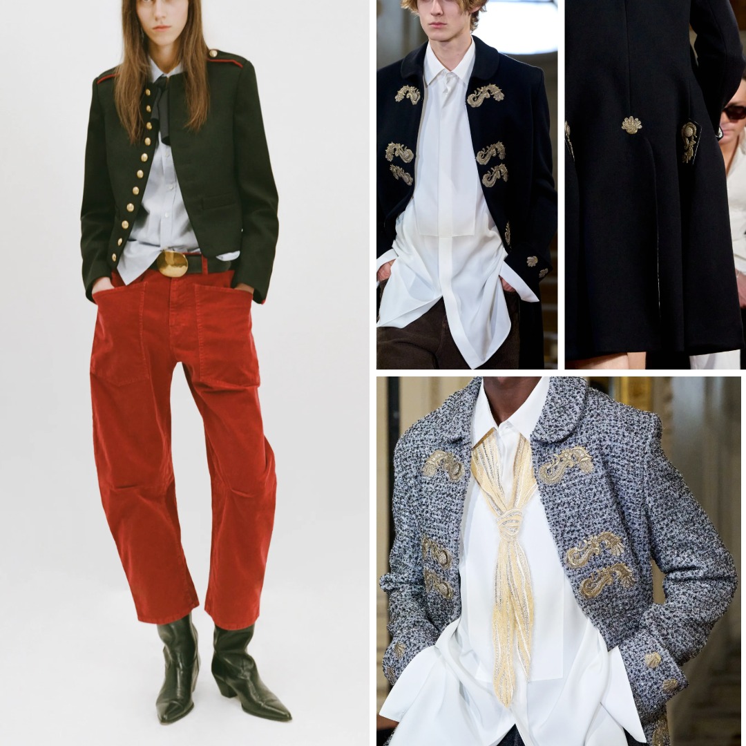 Nili Lotan Resort 2027 military jacket with brass buttons, alongside Jonathan Anderson’s Dior Men Spring/Summer 2027 Napoleon jackets and coats with ornamental metallic military embellishment.