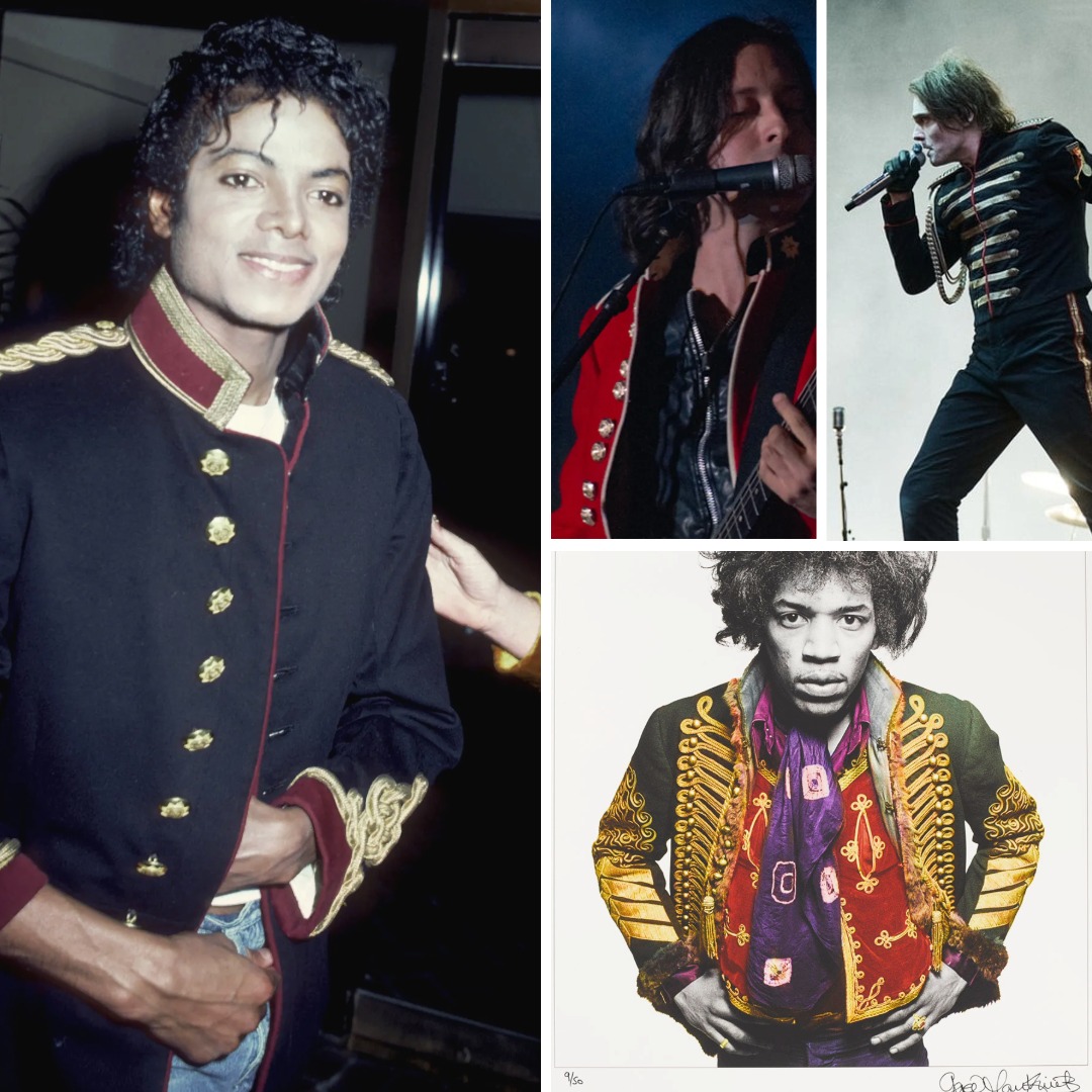 Military-inspired stagewear across music history: Michael Jackson in an embellished military jacket, My Chemical Romance in Black Parade-era military uniforms, and Jimi Hendrix photographed by Gered Mankowitz in 1967 wearing a jacket based on a British Hussars pelisse.