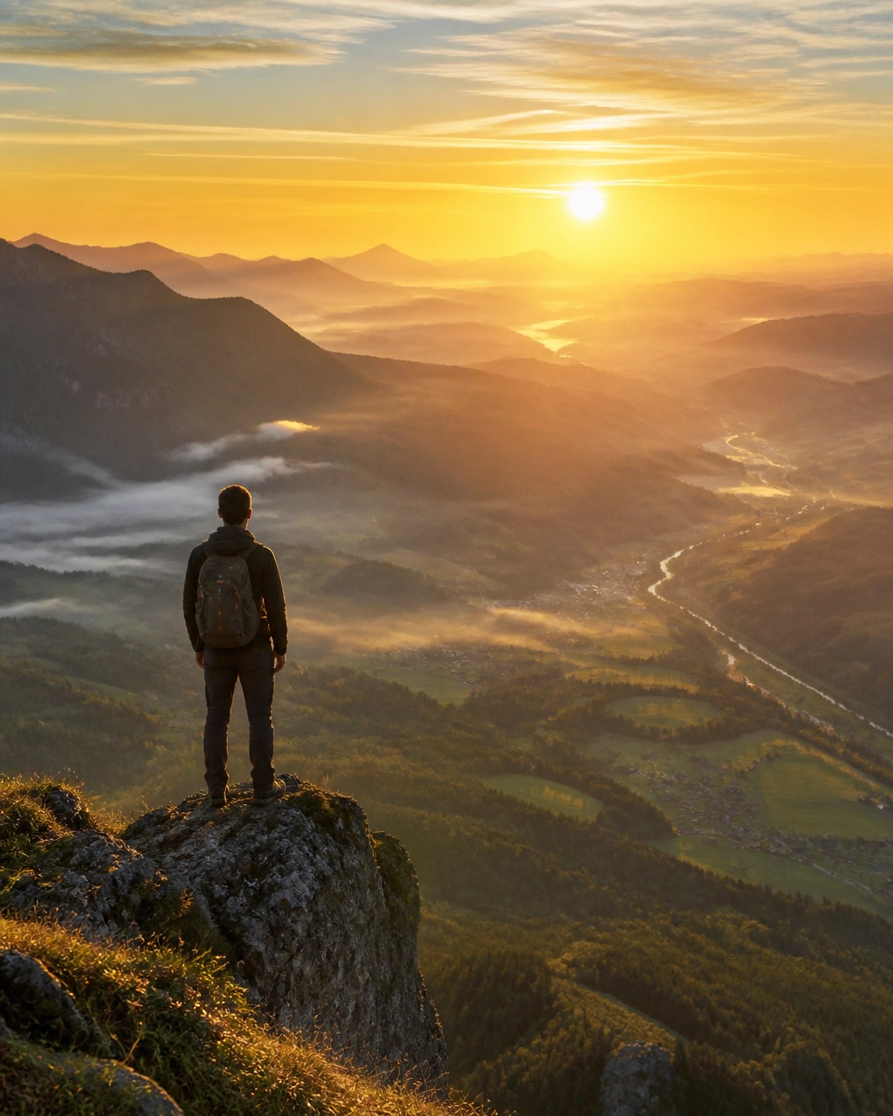  A person with a backpack standing on a high mountain cliff, looking out over a golden valley during a misty sunrise.