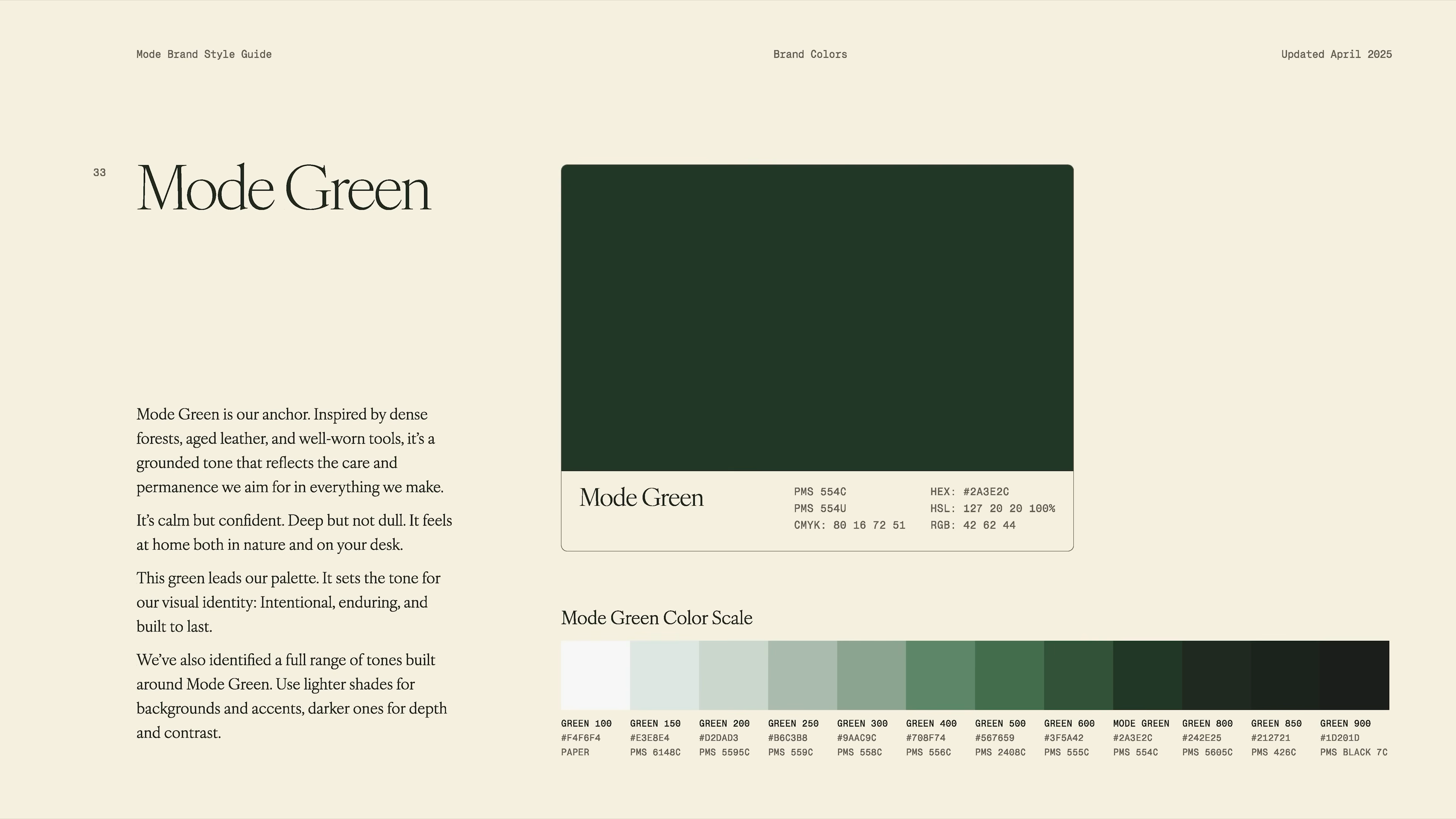Brand guidelines video screenshot introducing Mode Green, the anchor color for the Mode brand. Includes color codes and a tonal range, emphasizing how consistent color application supports brand recognition and a sense of quality in tech product design.