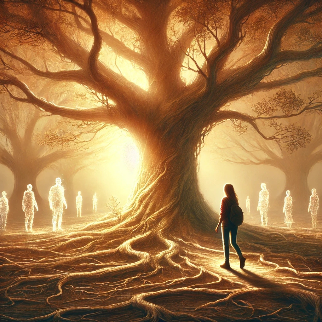 Femme observant un grand arbre aux racines profondes, éclairé par une lumière dorée, avec des silhouettes floues représentant les générations passées, symbolisant l’origine familiale d’une blessure de trahison transgénérationnelle