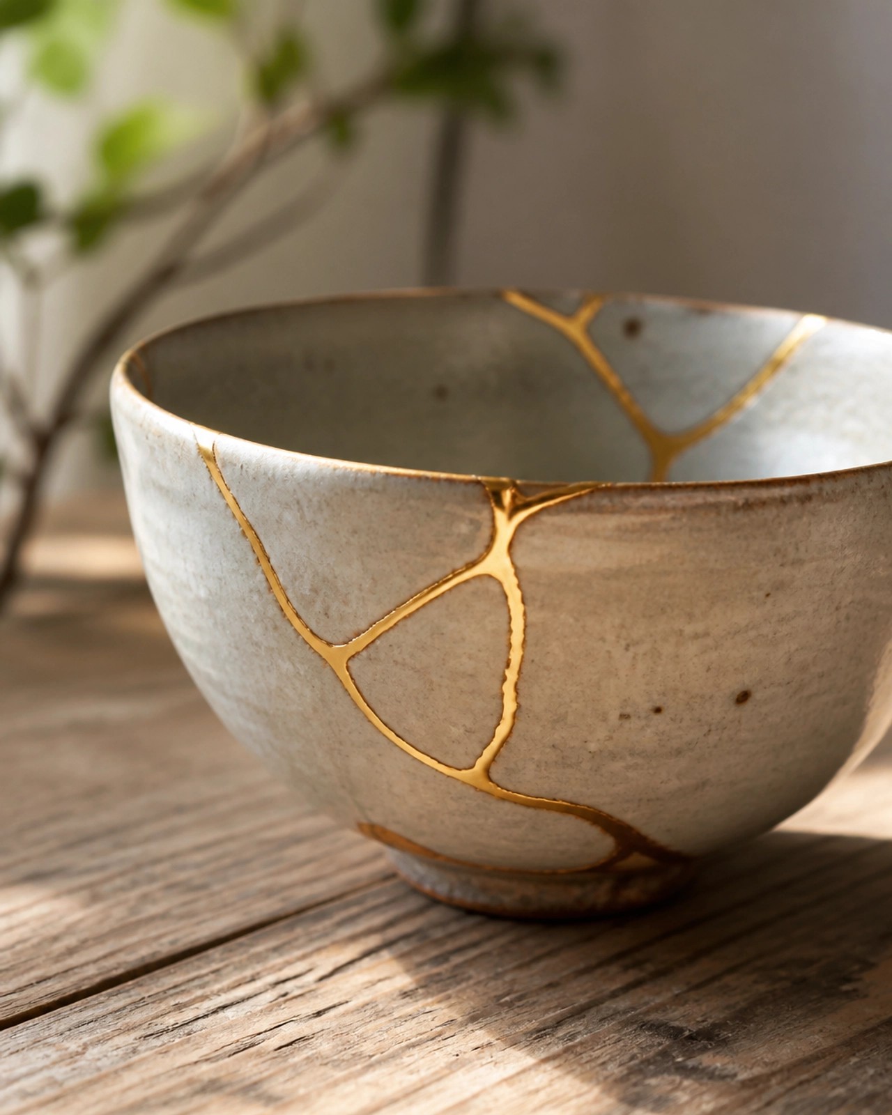 "A Kintsugi bowl, repaired with gold, symbolizing the beauty of healing and resilience after being broken."