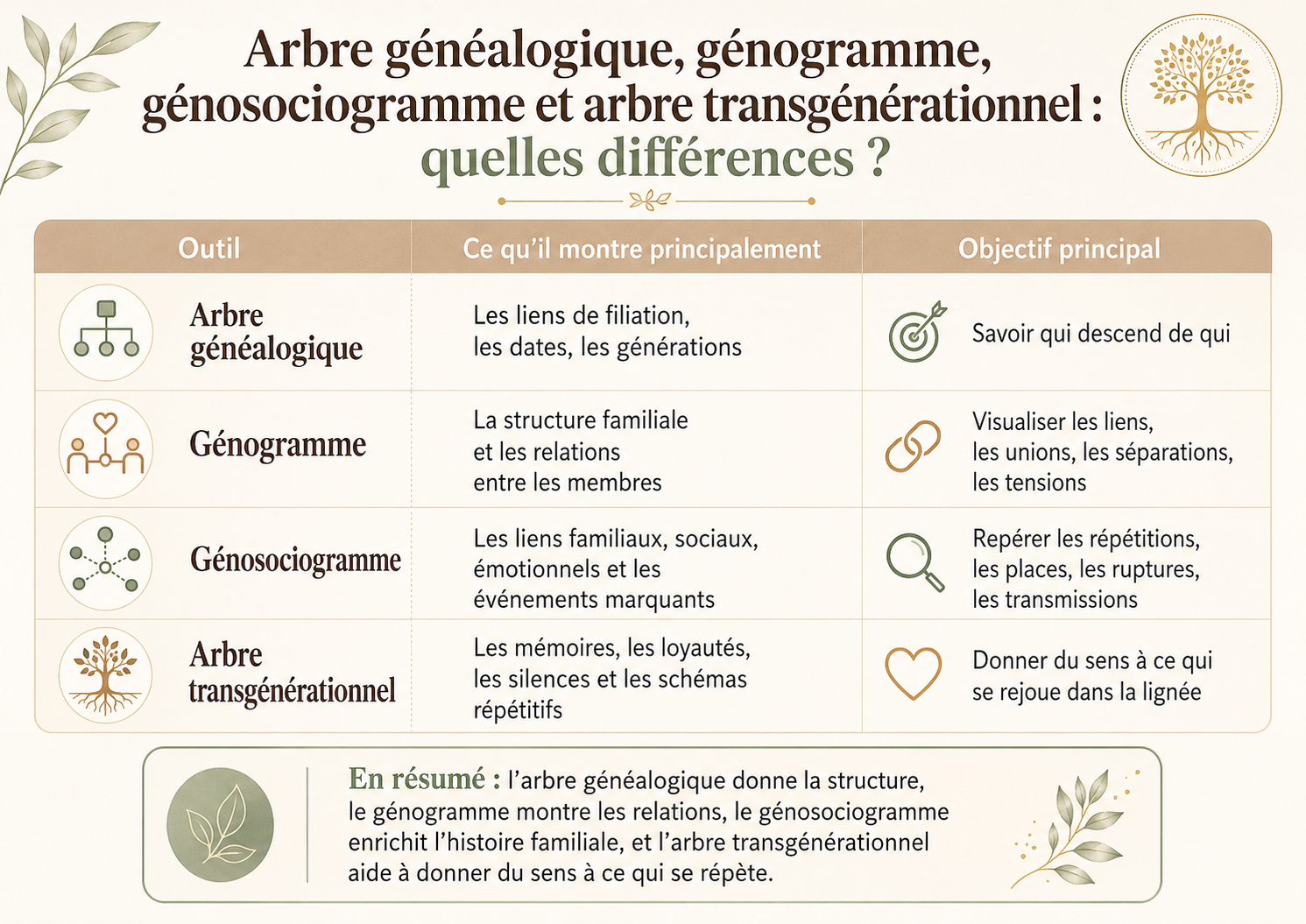 Tableau comparatif montrant les différences entre arbre généalogique, génogramme, génosociogramme et arbre transgénérationnel