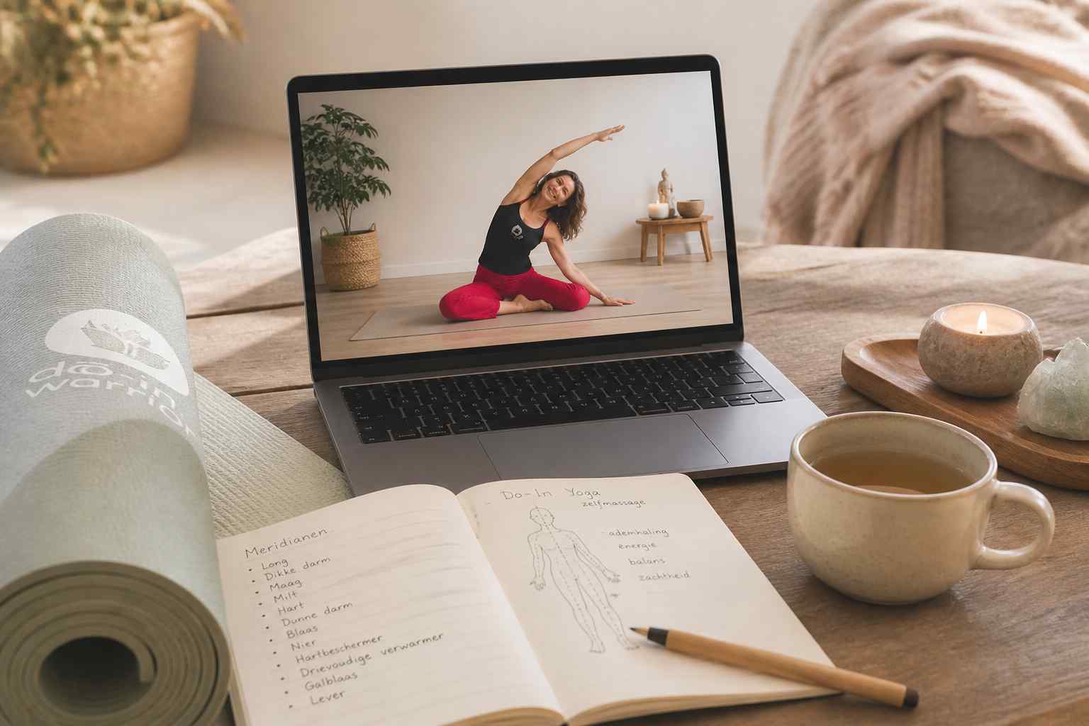 Thuisstudie Do-In Yoga op laptop met notitieboek en yogamat voor zelfontwikkeling