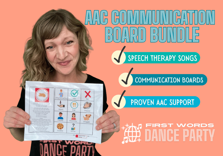 An AAC communication board for speech therapy songs by First Words Dance Party®.