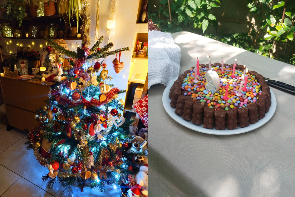 Sapin illuminée et gâteau d'anniversaire
