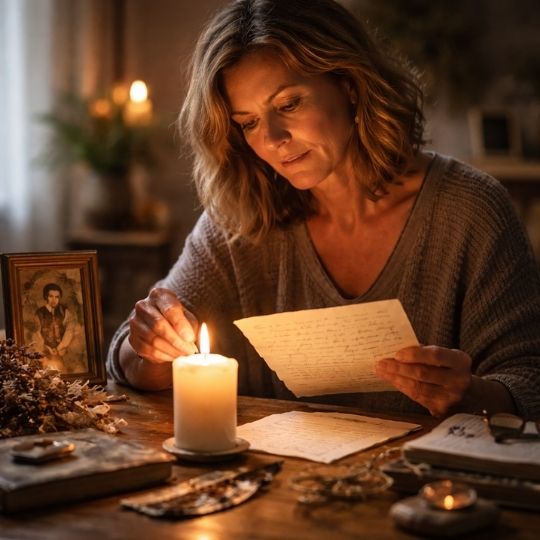 Une femme allume une bougie en lisant une lettre ancienne, entourée d’objets symboliques de mémoire familiale
