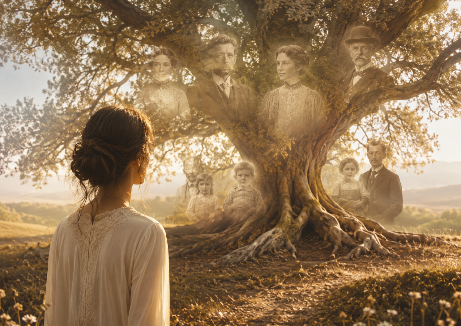 Femme face à un arbre familial lumineux représentant les héritages transgénérationnels
