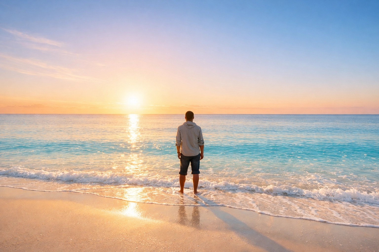 A lone individual standing at the water's edge gazing toward the rising sun over a calm ocean, symbolizing new beginnings and stepping into your next chapter.