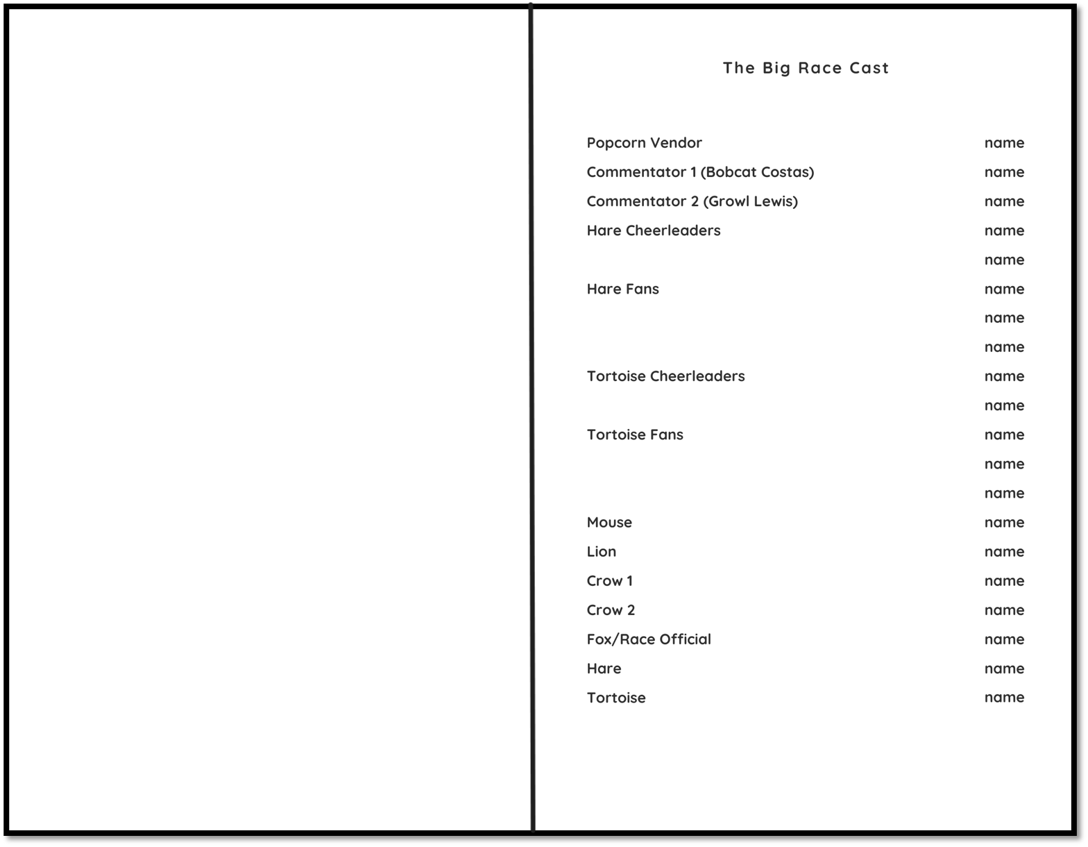 The Big Race play program inside page cast list homeschooldrama.com