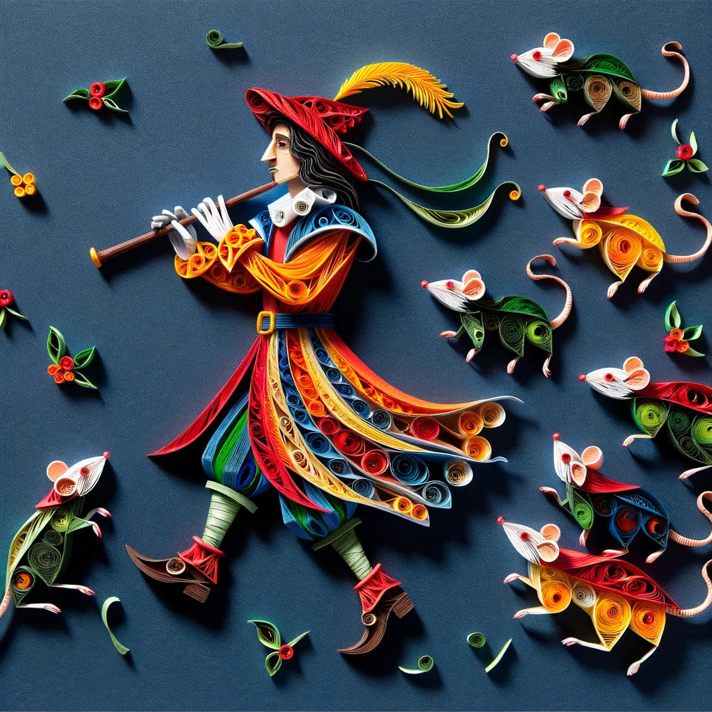 Pied piper on blue background with mice following.