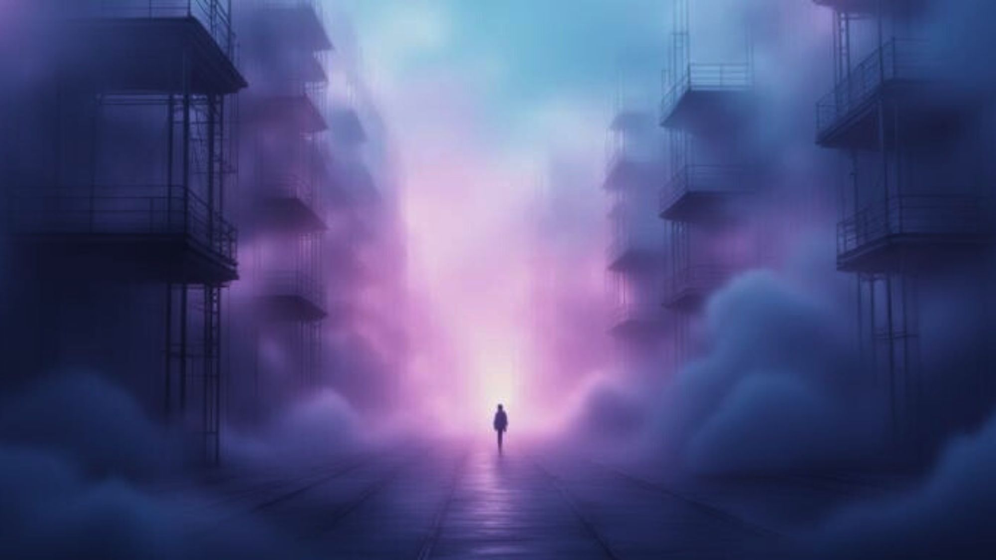 Moody blue, pink, and purple scene showing a lone figure walking toward a distant light between tall unfinished structures surrounded by mist, evoking catastrophizing the future, imagined danger, and anxiety about what might happen next rather than what is happening now.