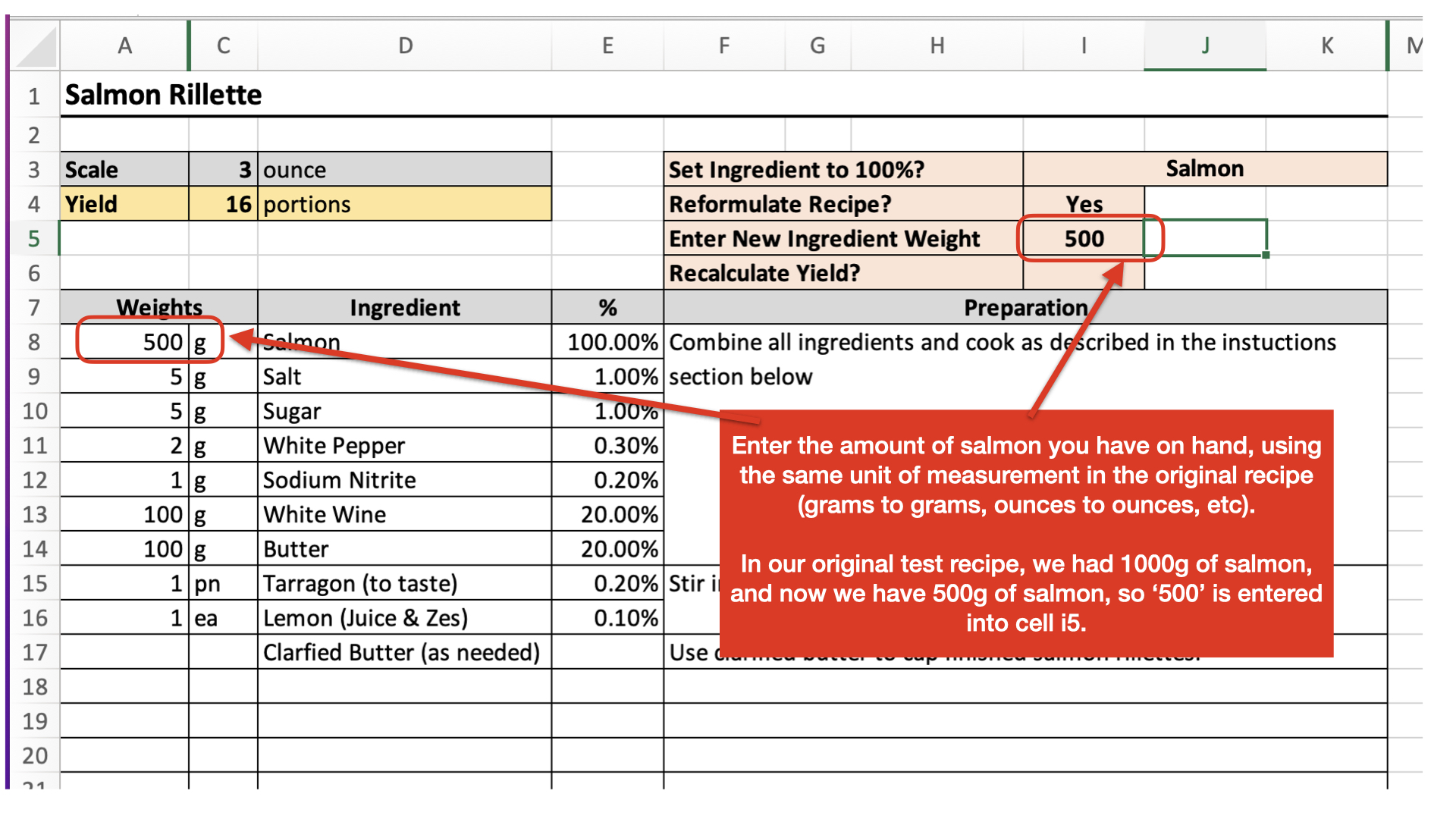 Drop-down menu in Excel recipe calculator for reformulating ingredient percentages.