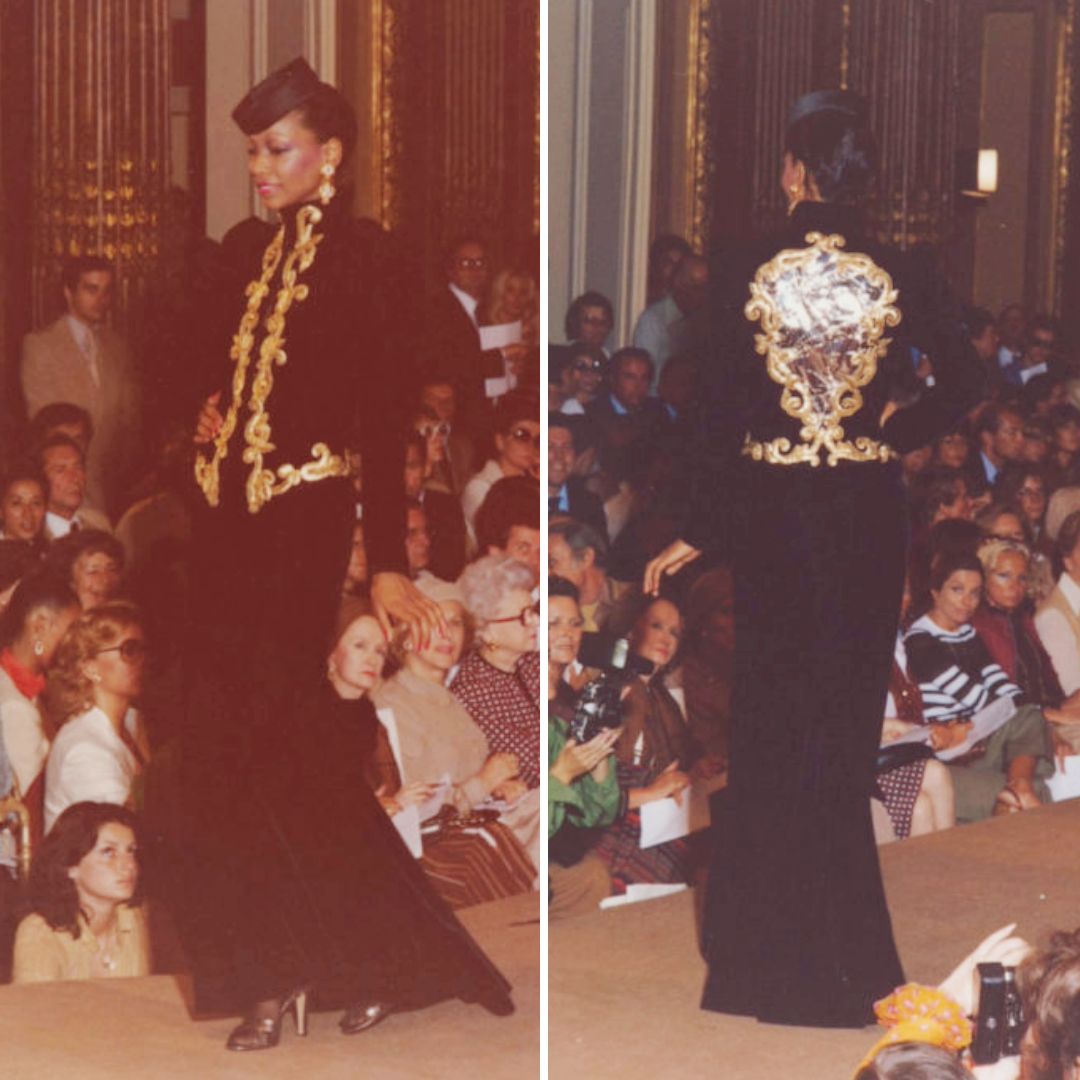 Model on the runway in Yves Saint Laurent’s Autumn/Winter 1978 haute couture black velvet jacket, embroidered with a trompe-l’œil broken baroque mirror motif on the back, executed by Atelier Felisa.
