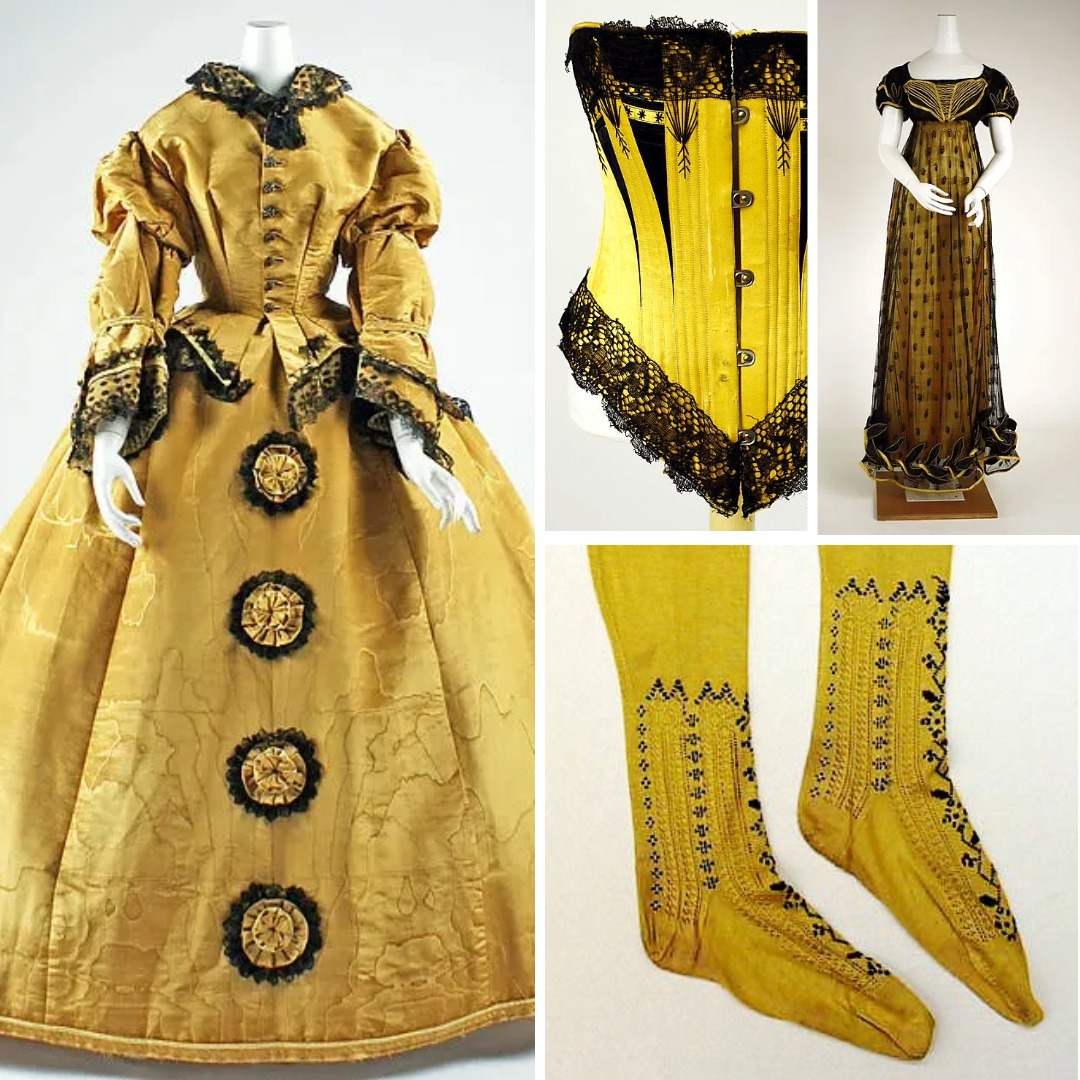 A collection of historical garments in yellow silk with black lace and decorative details, including a Victorian gown, a corset with black trim, a Regency-style dress, and embroidered yellow stockings. These examples show that the black-and-yellow palette has deep historical roots.