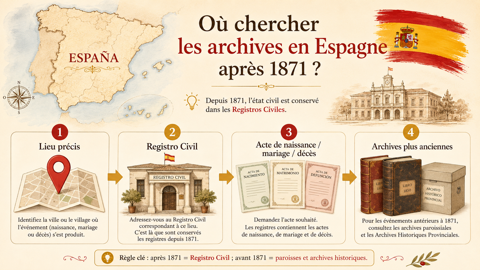 Schéma avec carte de l’Espagne expliquant comment chercher les actes de naissance, mariage et décès dans le Registro Civil après 1871